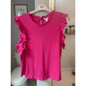 Crown & Ivy Women's Large Pink Ruffle Sleeve Top Blouse NWT